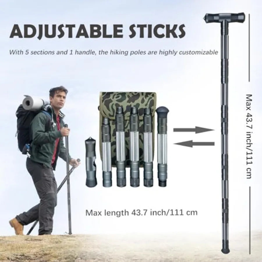 Hiking Tactical Stick Portable Walking Staff Trekking Poles Outdoor Multitool Camping Gear for Men Women Gray