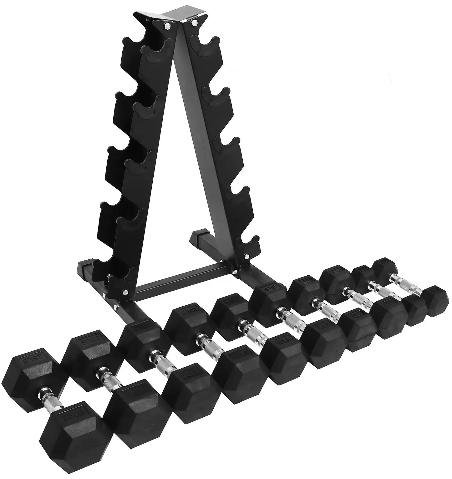 150LB Rubber Coated Hex Dumbbell Weight Set with A-Frame Rack, 5-25 lbs Pairs