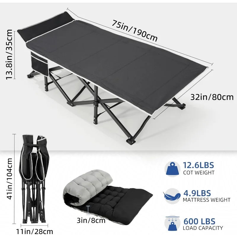 HABUTWAY Camping Cot with Mattress, 32" Extra Wide Camping Cots for Adults, Sleeping Cot for Adults Holds Up to 602LBS