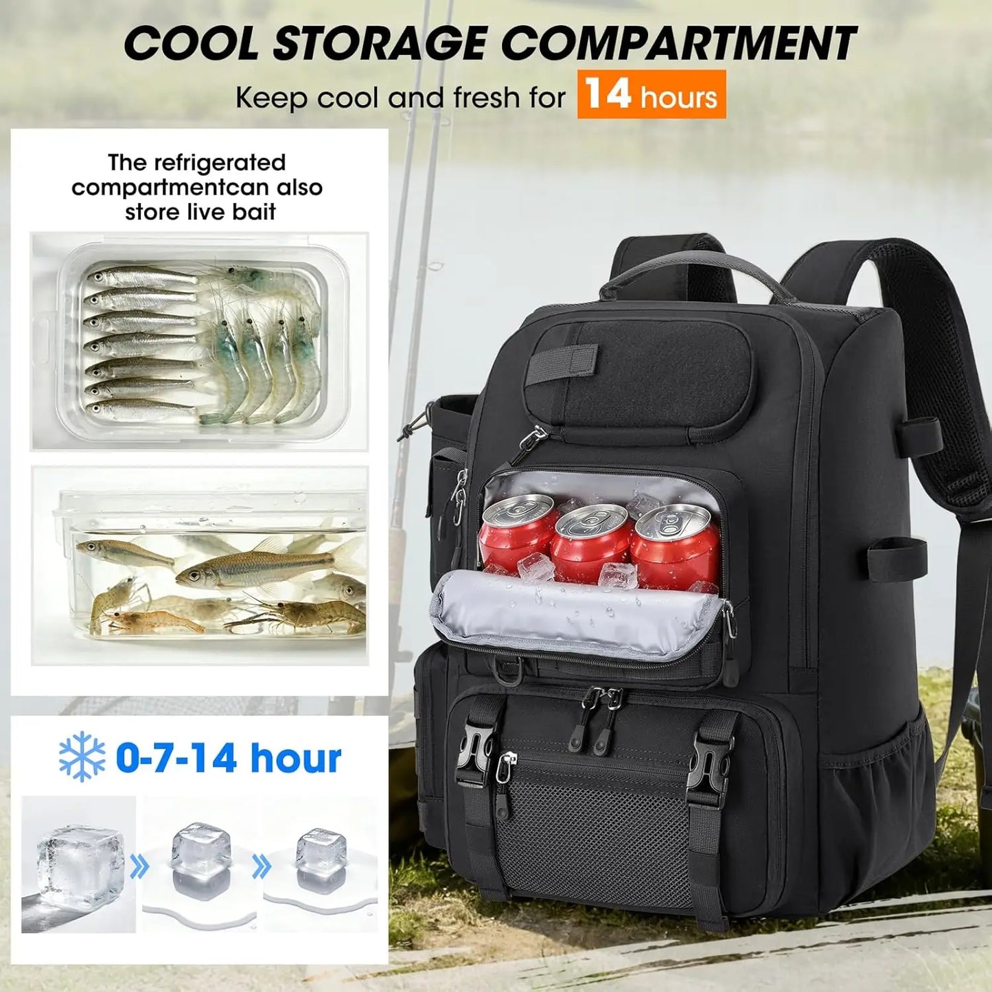 Waterproof Fishing Backpack with Rod Holders & Cooler, 40L Tackle Storage for Gear and Rain Cover