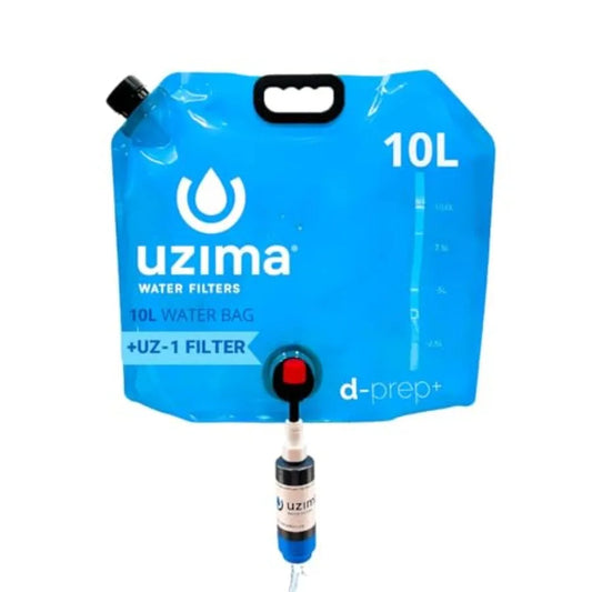 Emergency water filtration storage system for camping and survival: 10L collapsible gravity-fed bladder with UZ-1 filter, black