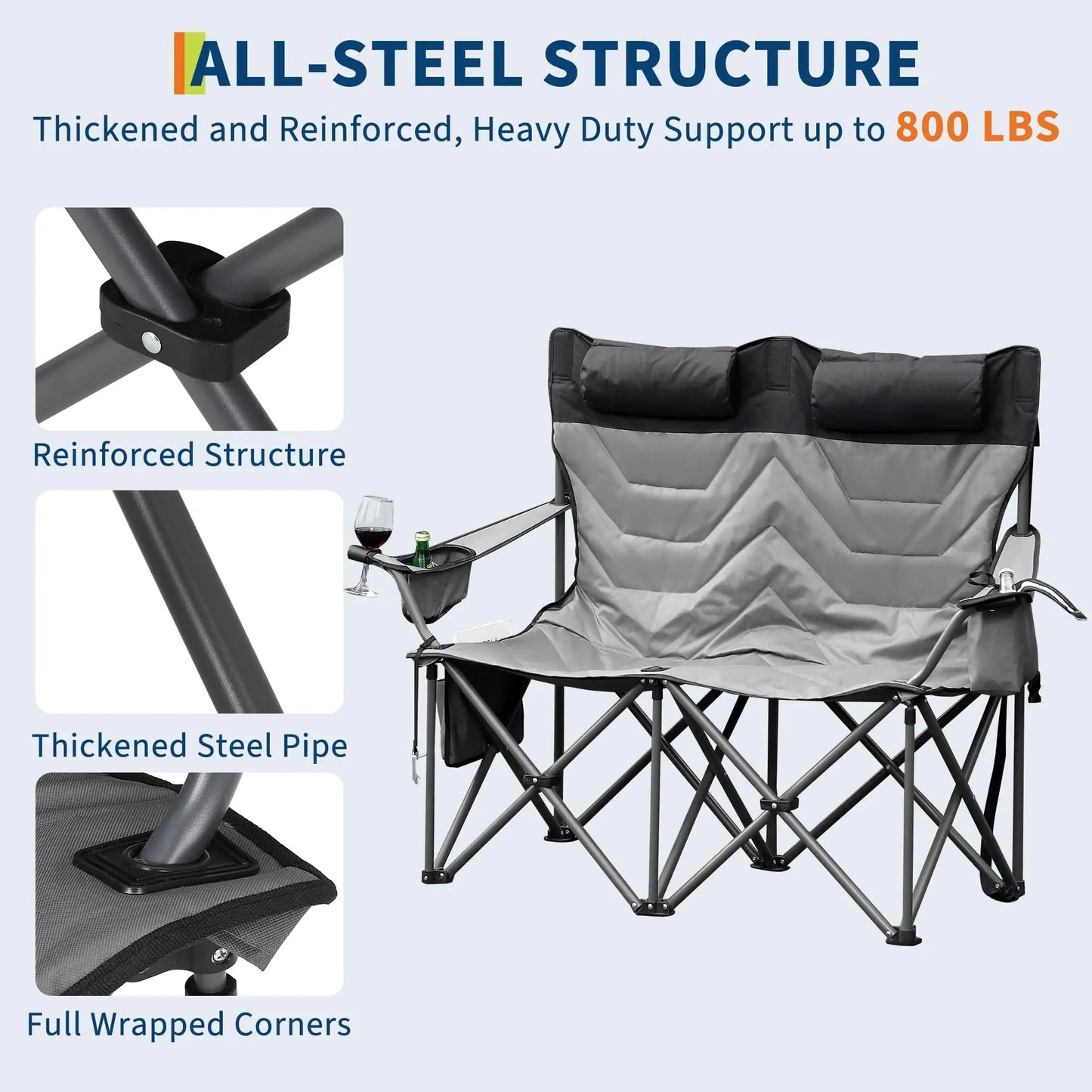 Oversized Camping Chair, 900LBS Capacity Fully Padded Folding Loveseat With Cup Holders & Carry Bag For Outdoor Activities