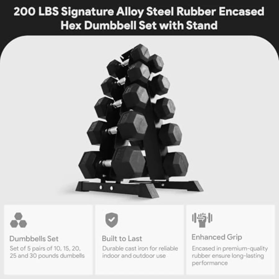 Rubber Coated Hex Dumbbell Set with A-Frame Rack Black Solid Cast Iron Home Gym Weights with Chrome Handles for Full-Body Stren