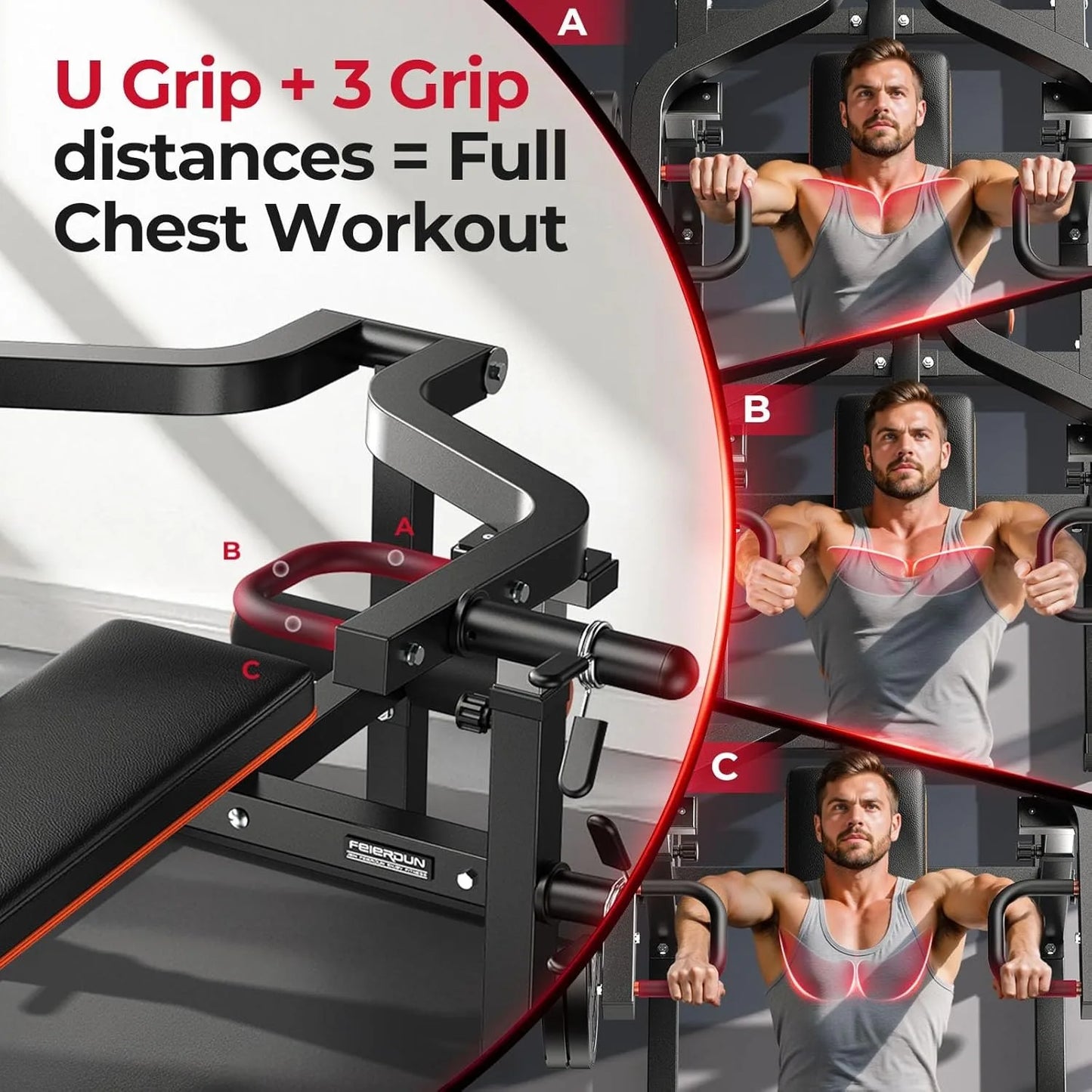 FEIERDUN 3-Grip U-Handles Chest Press Machine,1250LBS Bench Press Machine with Independent Converging Arms,Adjustable Positions