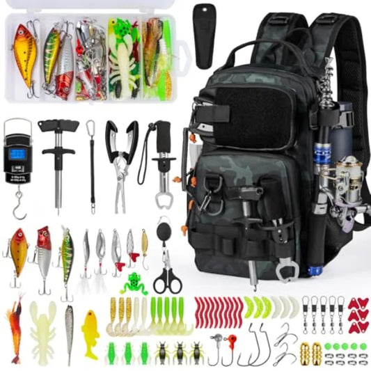 Fishing Backpack with Rod Holder for Men Women Water-Resistant Black Camo Fishing Tool Kit with Lures Tackle Box and Pl