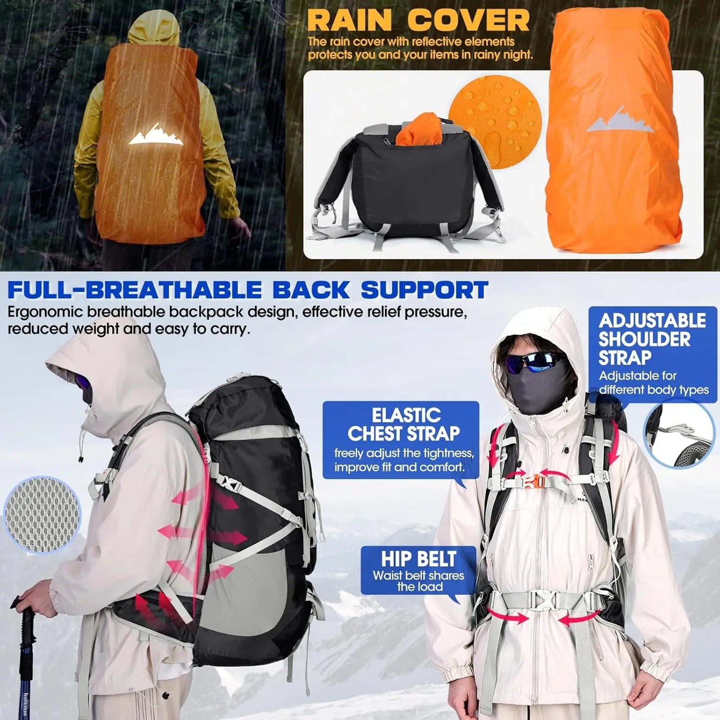 60L Waterproof Hiking Backpack with Rain Cover, Lightweight Camping Backpack for Men and Women