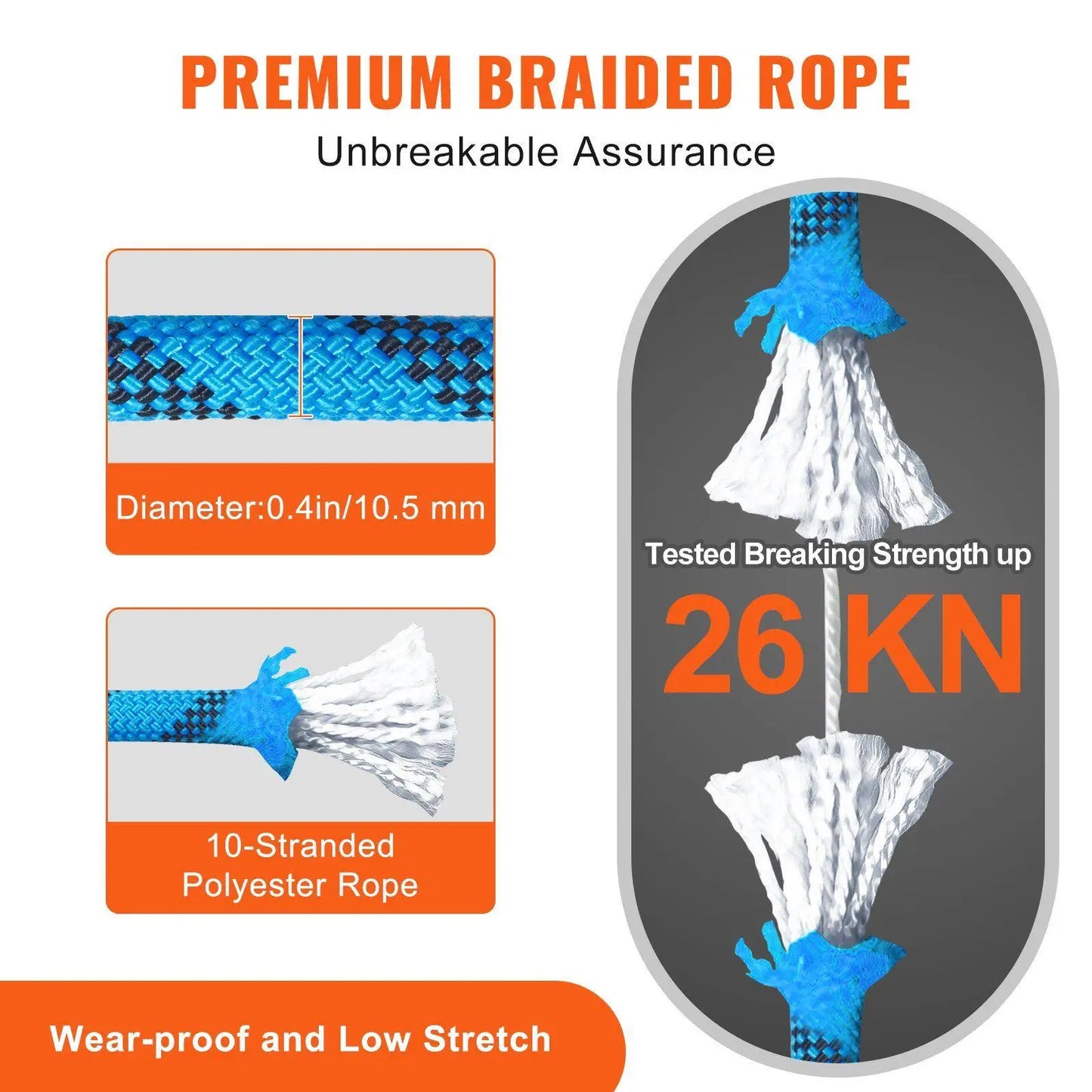 32ft 10mm Ultra Strong Static Climbing Rope 26KN Resistance 4% Stretch Protection Rope with 2 Clips and Bag