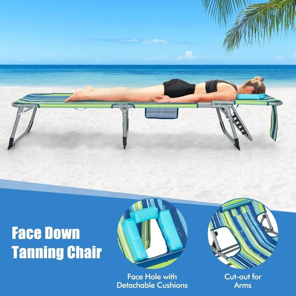 Tanning Chair, Folding Adjustable Patio Lounge Chair with Face Hole, Removable Pillow, Carry Strap, Customized