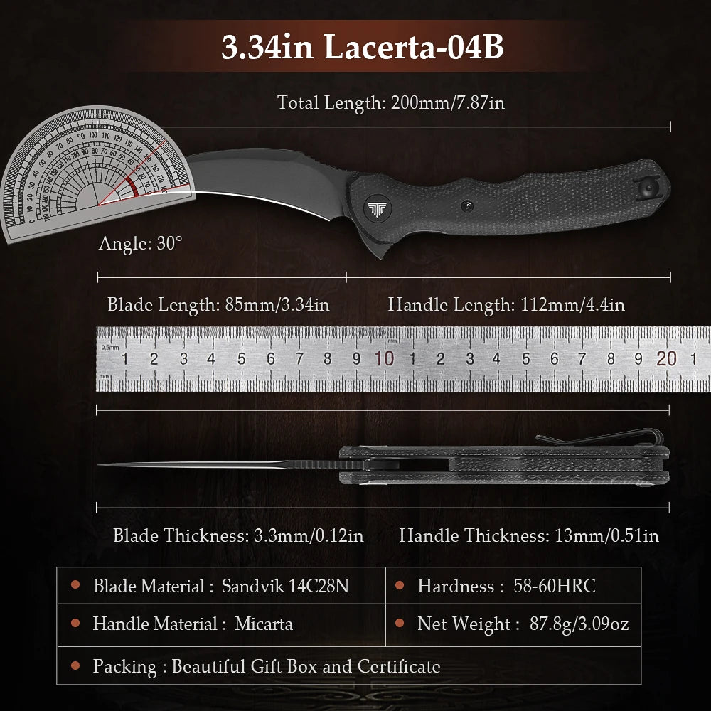 TRIVISA EDC Pocket Folding Knife for Men ,Pikal Flipper Knife with Clip，3.34" 14C28N Steel Hawkbill Blade & Micarta Handle