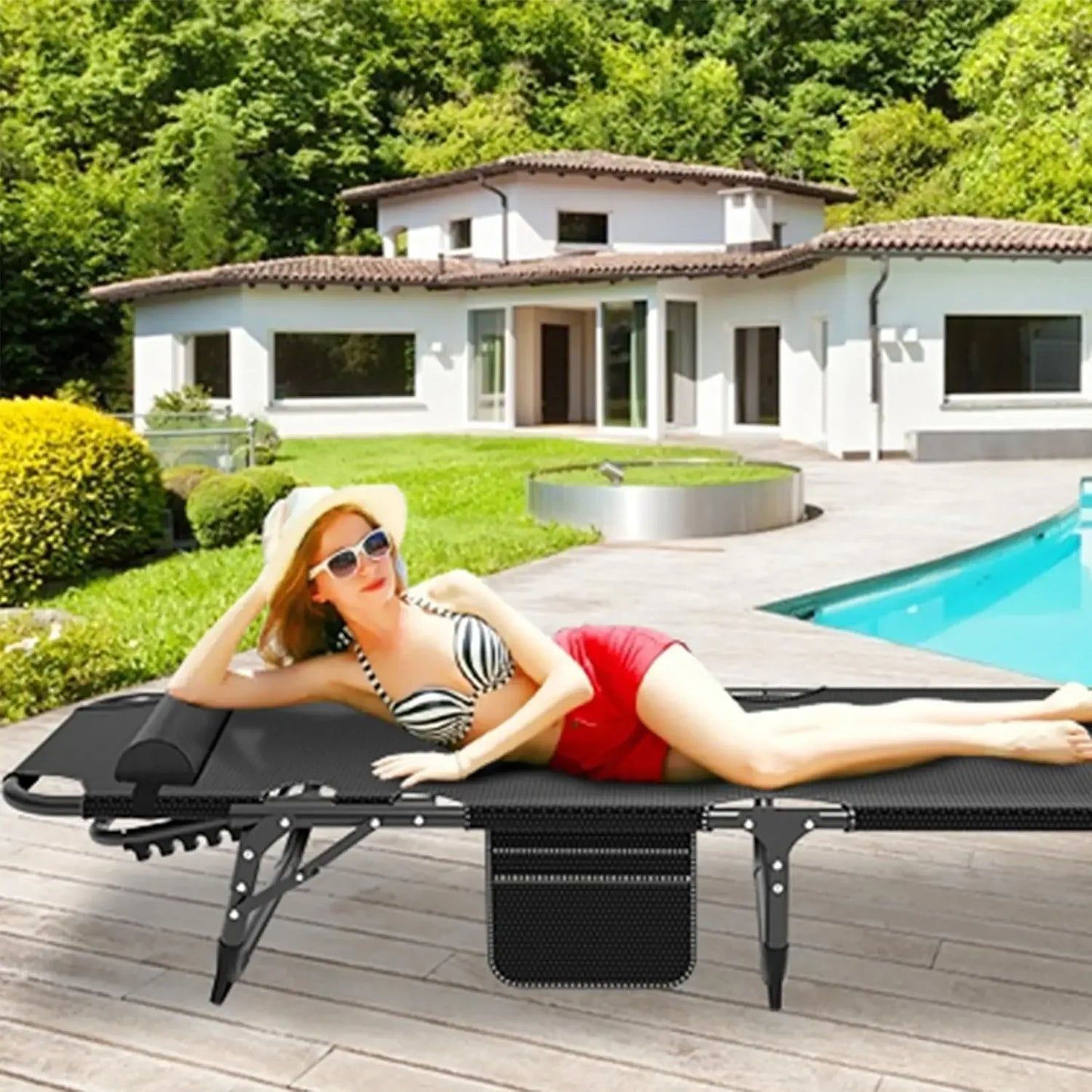 Outdoor Folding Chaise Lounge Chair with Mattress, 5 Position Adjustable Patio Reclining, Customized