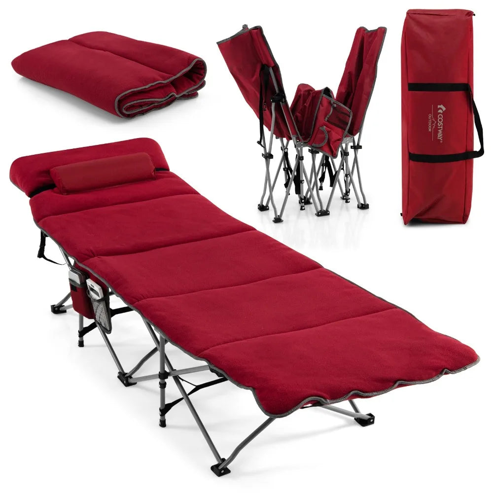 Folding Travel Camping Cot w/ Velvet Mattress & Padded Pillow & Carry Bag Wine