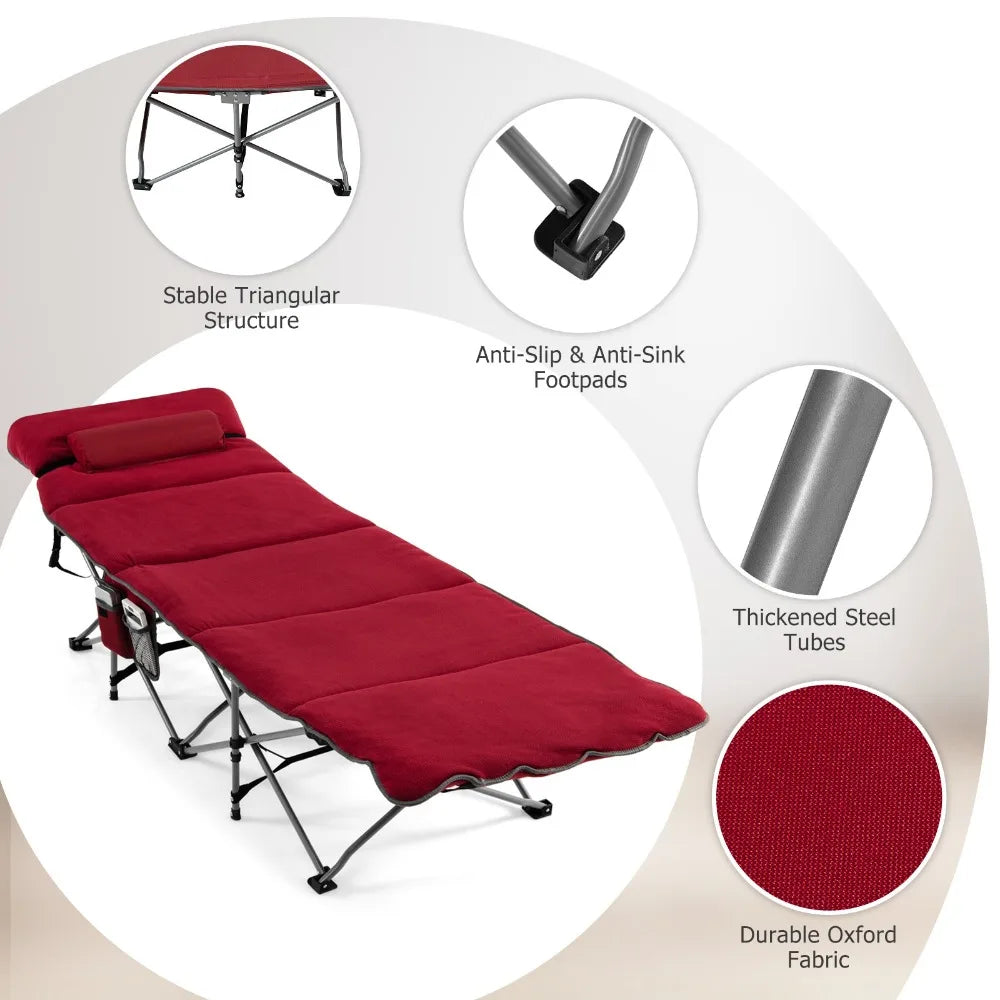 Folding Travel Camping Cot w/ Velvet Mattress & Padded Pillow & Carry Bag Wine
