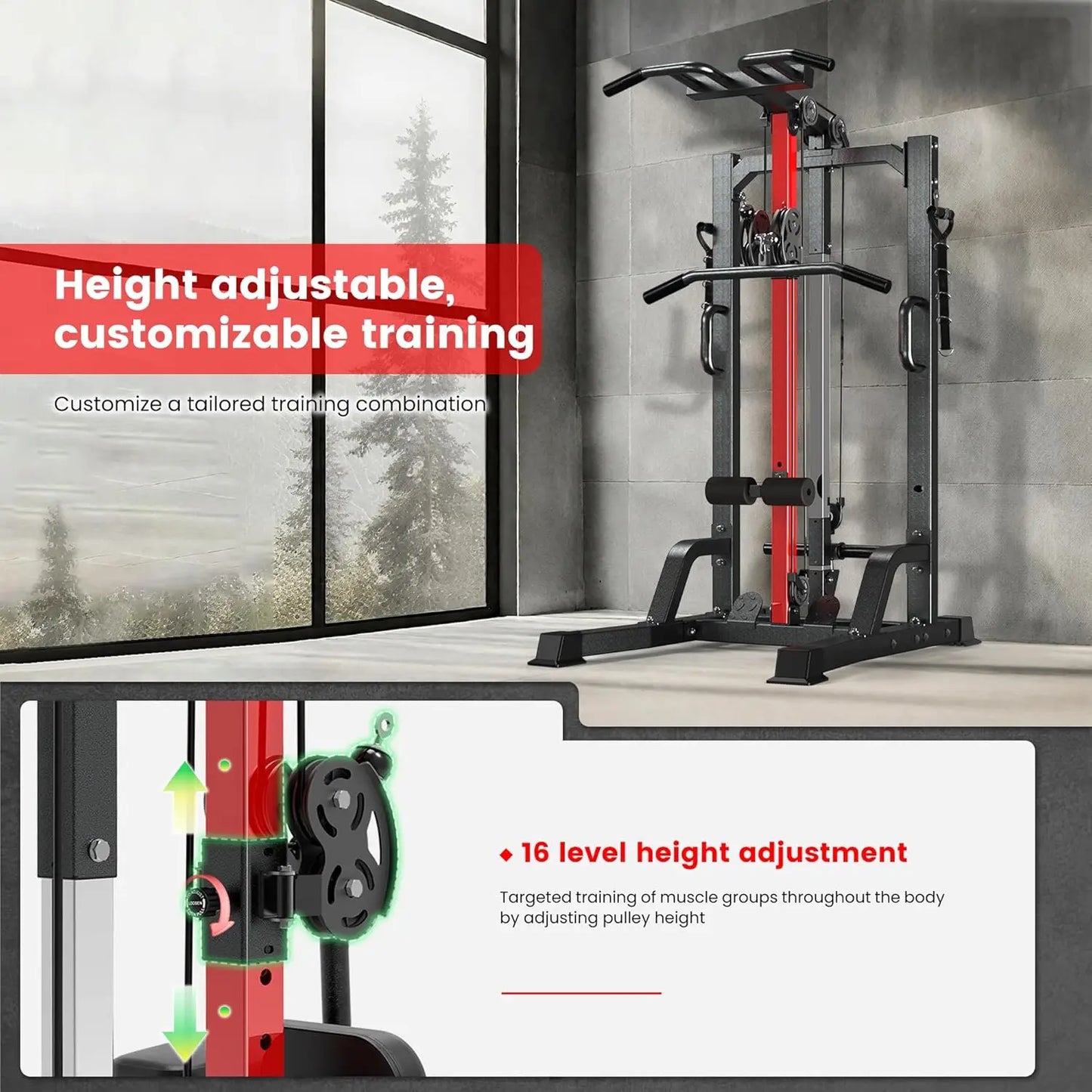 Pull Up Bar Power Tower Dip Station,Cable Machine-Integrated 450LBS Multi-Function Adjustable Height Fitness, Customized