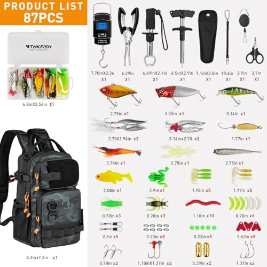 Fishing Backpack with Rod Holder for Men Women Water-Resistant Black Camo Fishing Tool Kit with Lures Tackle Box and Pl