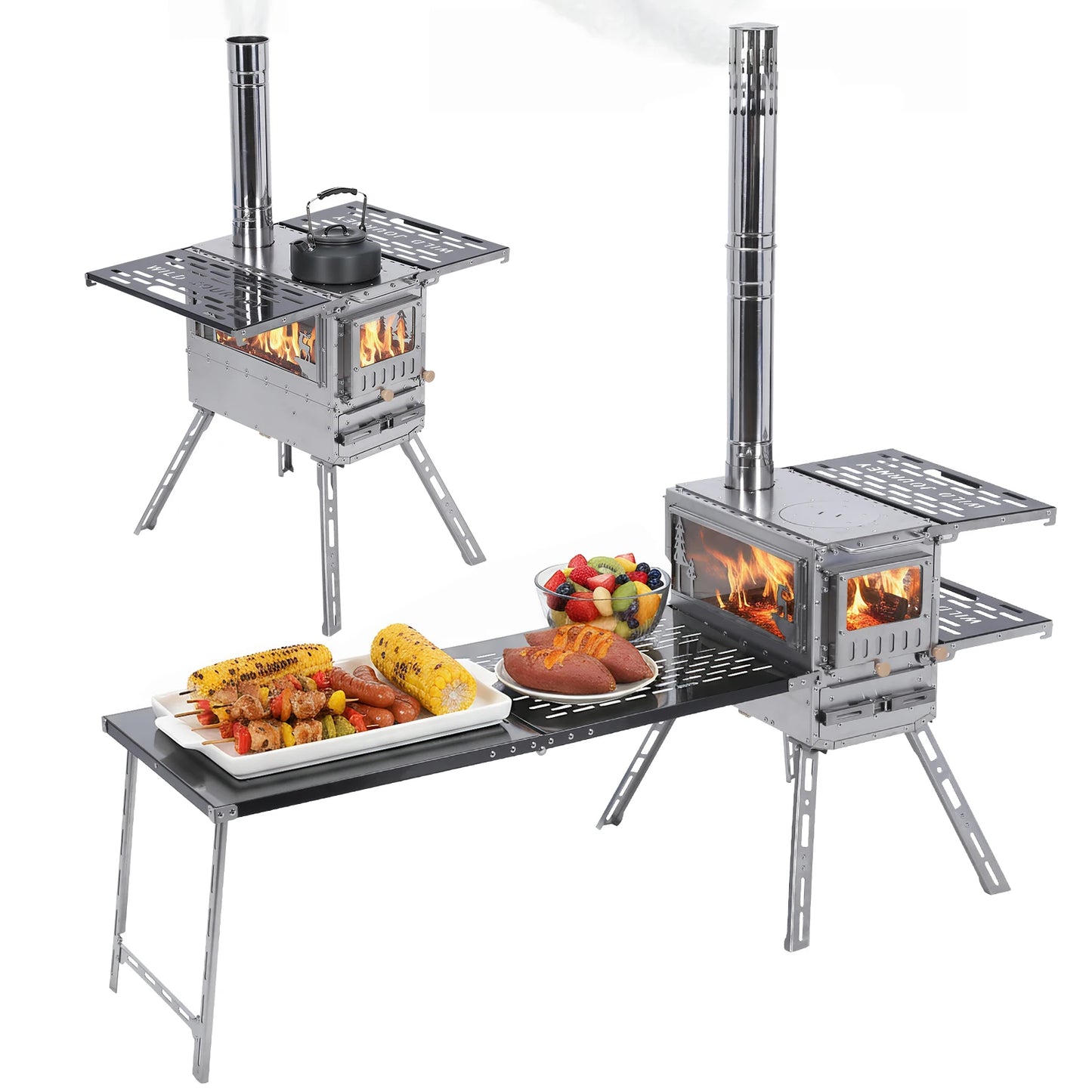 Hot Tent Stove with Oven & Camping Table with Chimney Pipe Outdoor Firewood Stove Stainless Steel for Heating Cooking Hunting