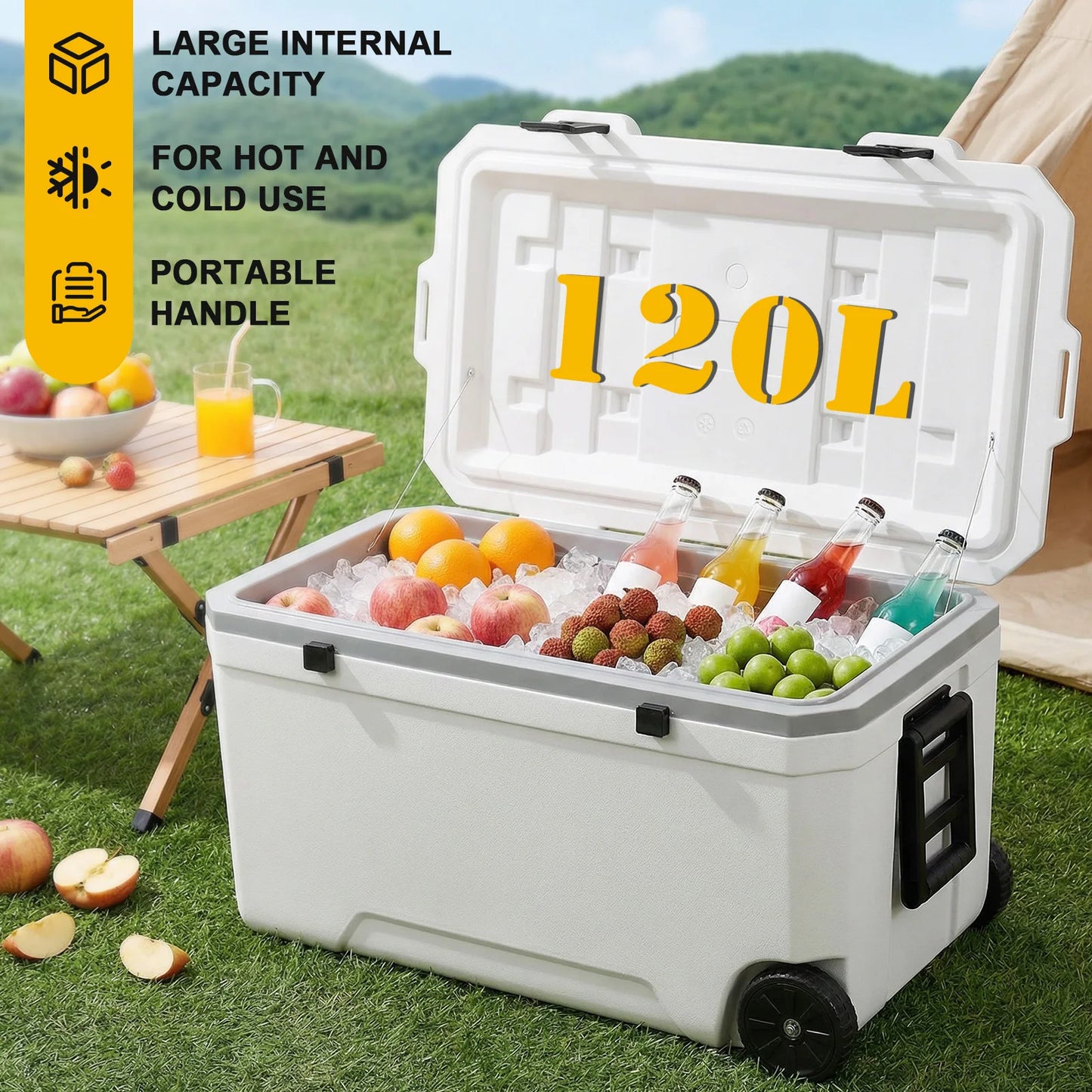 120L Portable Rolling Cooler with Wheels Ultra-Light Hard Cooler Leak-Resistant Large Capacity for Outdoor Camping and Fishing