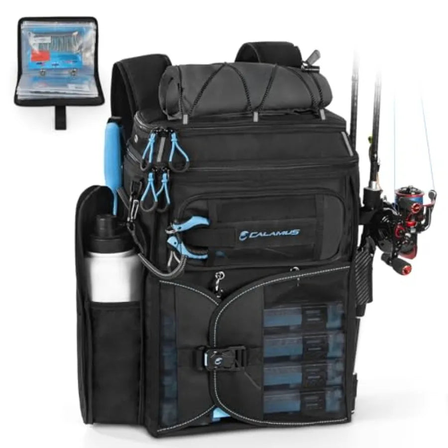 GearMaster Tackle Backpack with Bait Binder Large Lightweight Water-Resistant Fishing Bag Rod Holders Food Storage in Black Dur