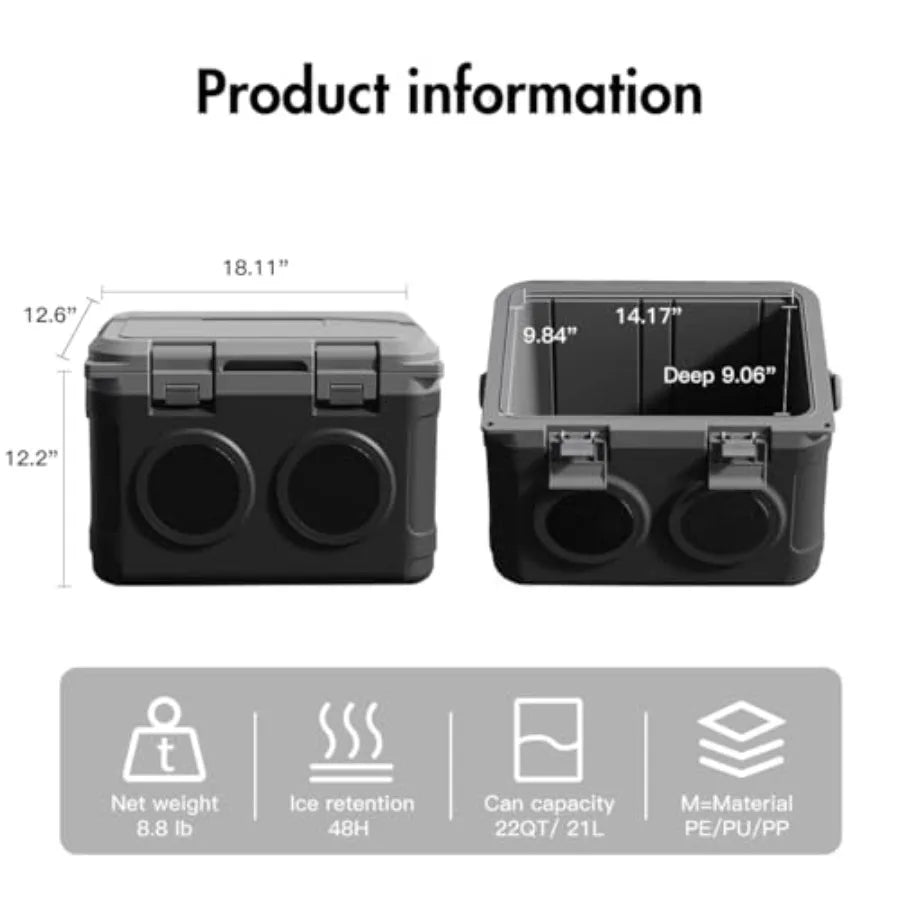 Camp Cooler with Bluetooth Speaker 22 Quart 48 Hours Ice Retention Portable Handle Outdoor Camping Cooler for BBQs Beach Hiking