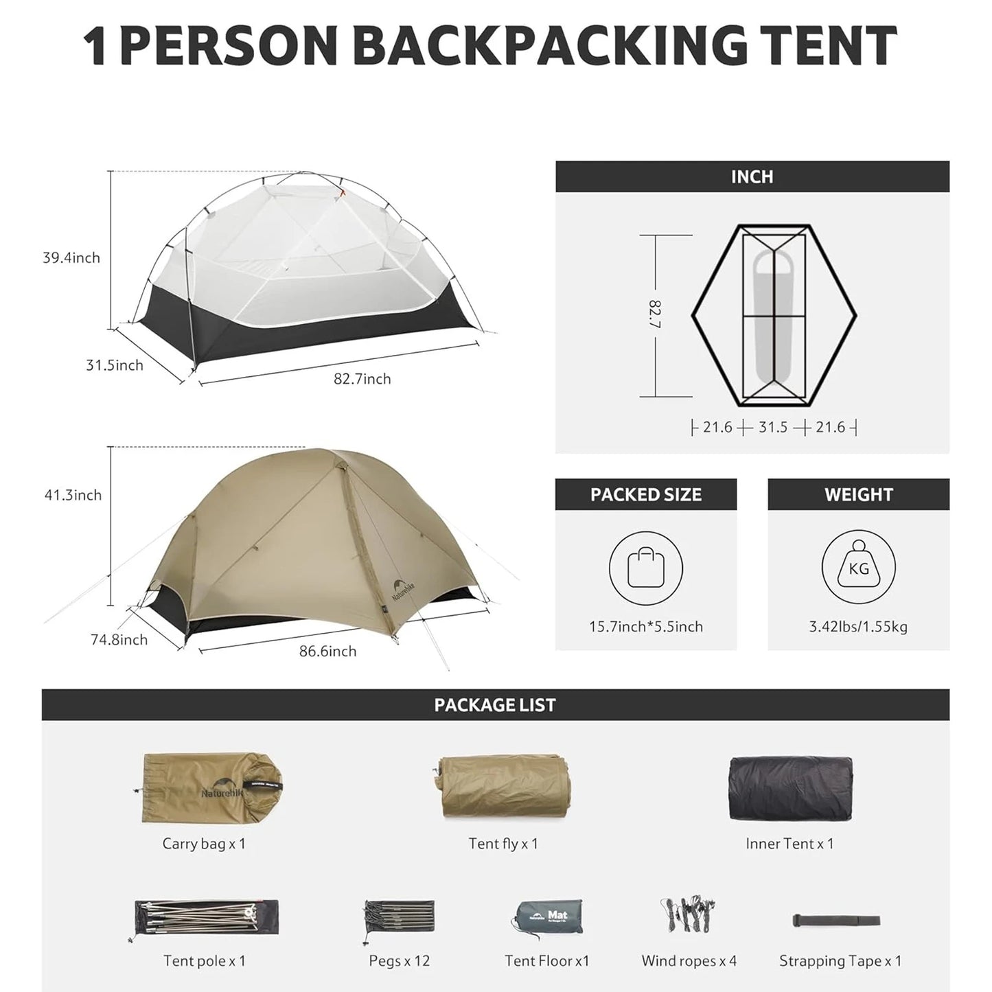 Naturehike Mongar UL 1Person Tent Ultralight Camping Tent Outdoor Travel Double Layer Waterproof Tent 3 Season Hiking Tent