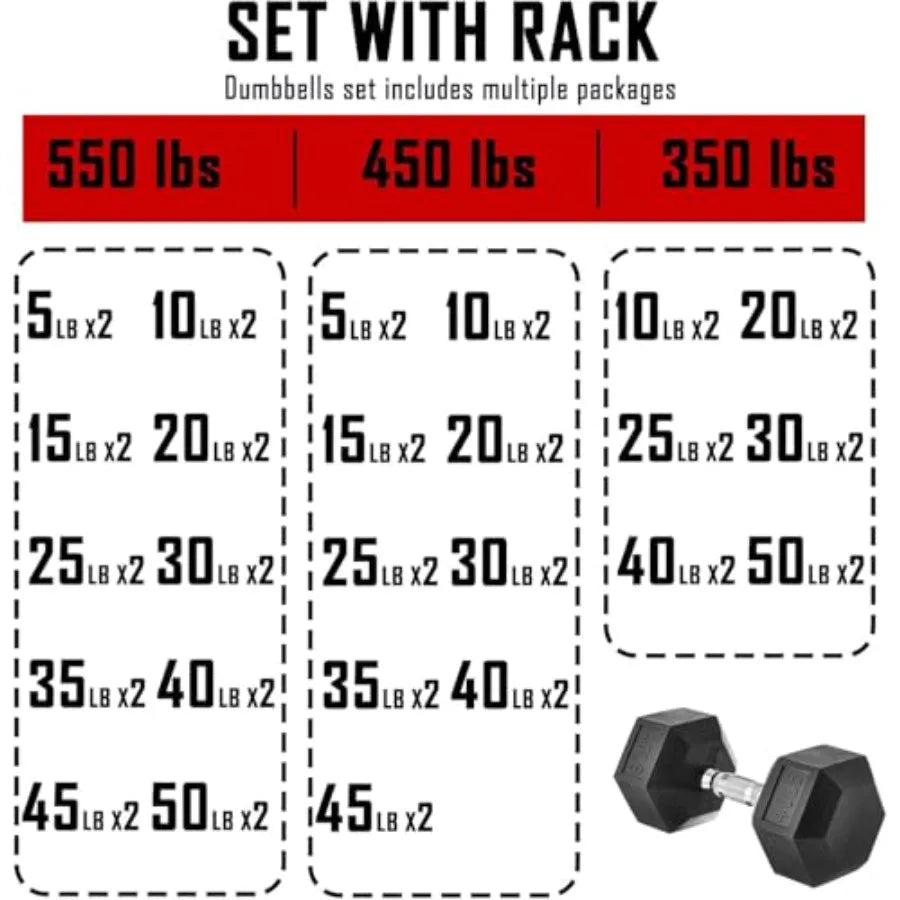 Rubber Hex Dumbbell Set with Rack - 350/450/550lbs Home Gym Fitness Equipment in Multiple Colors for Strength Training with Sto