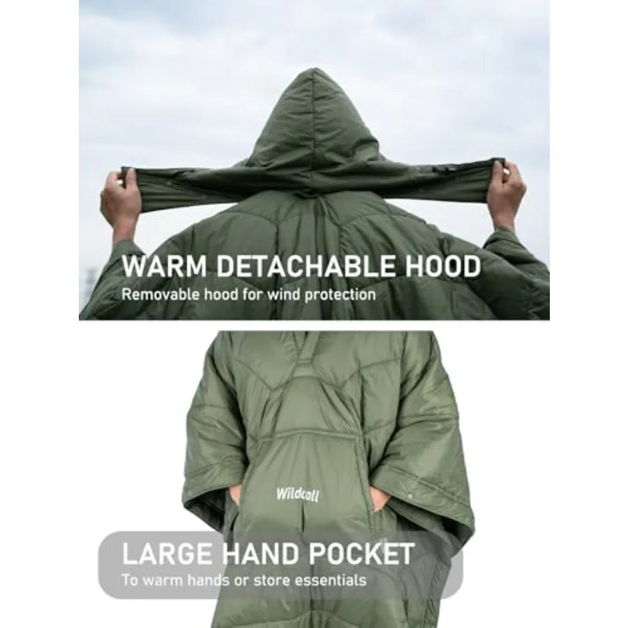 Hooded Camping Blanket with 3M Thinsulate Insulation Wearable Poncho Blanket Ultralight Foldable Quilt Sleeping Bag for Outdoor