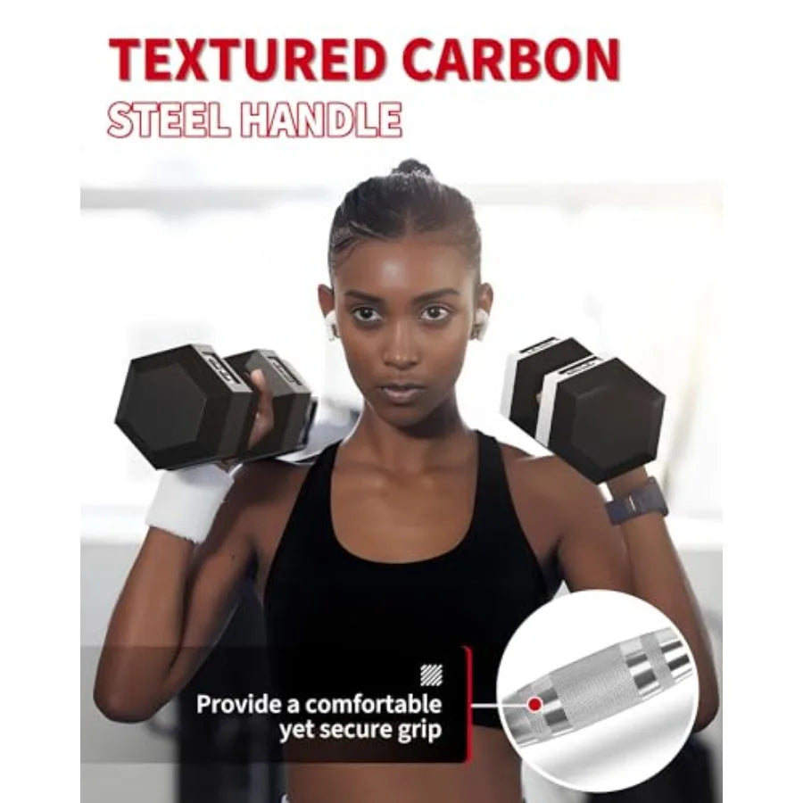 5-50 LB Hex Dumbbell Set of 2 Hand Weights with Cast Iron Core Rubber Encased Coating and Textured Carbon Steel Handle for Home