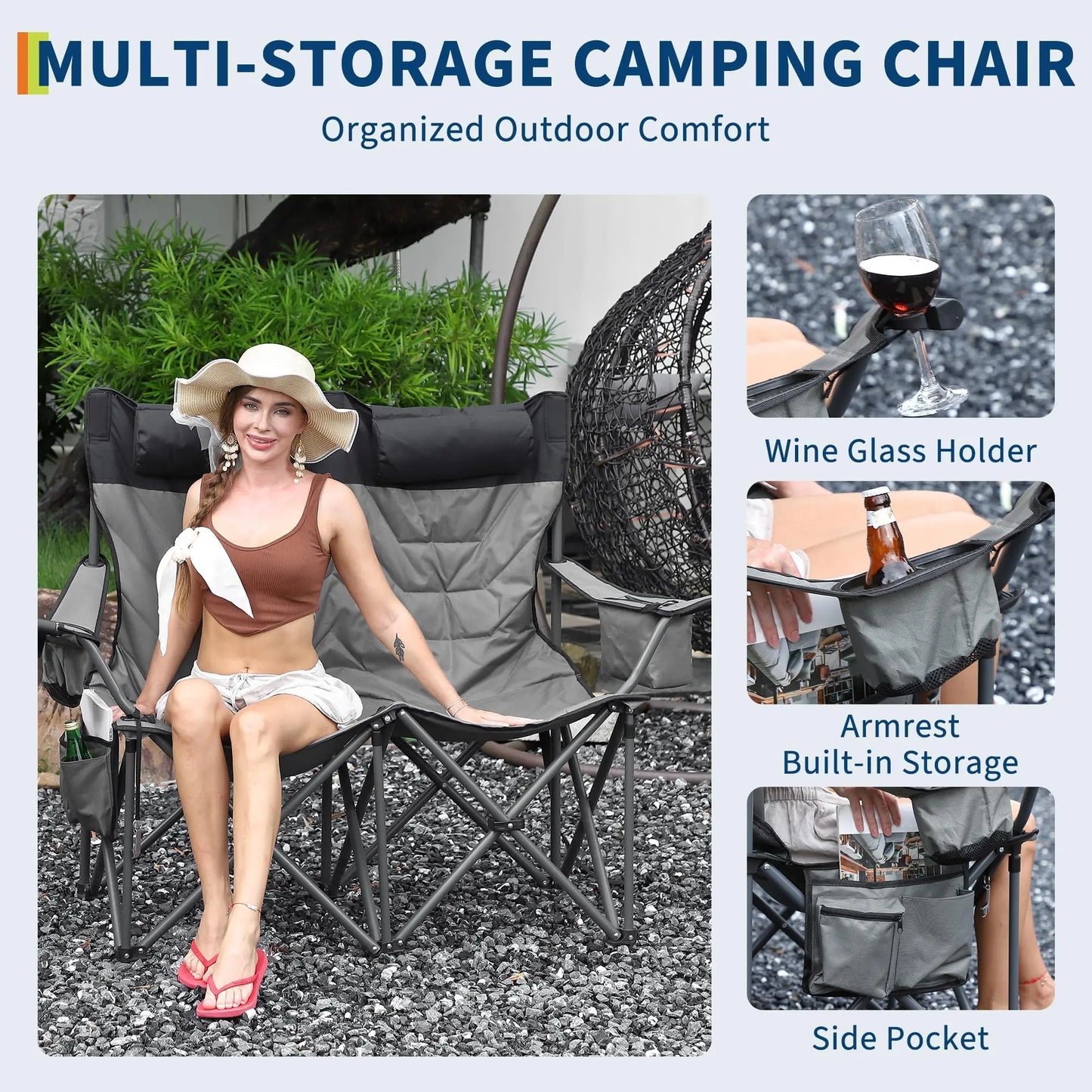 Oversized Camping Chair, 900LBS Capacity Fully Padded Folding Loveseat With Cup Holders & Carry Bag For Outdoor Activities