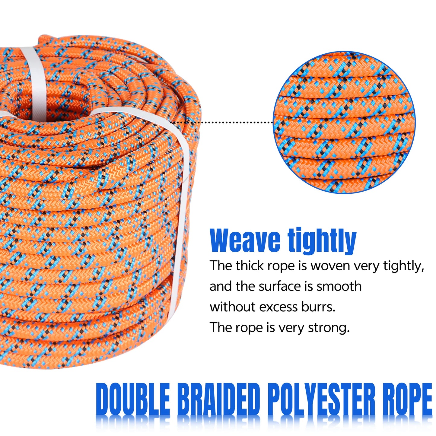 1/2 Inch 32 Strand Braided Polyester Rope 150Ft Orange-Blue-Black-for Tree Climbing Rigging, Arborist