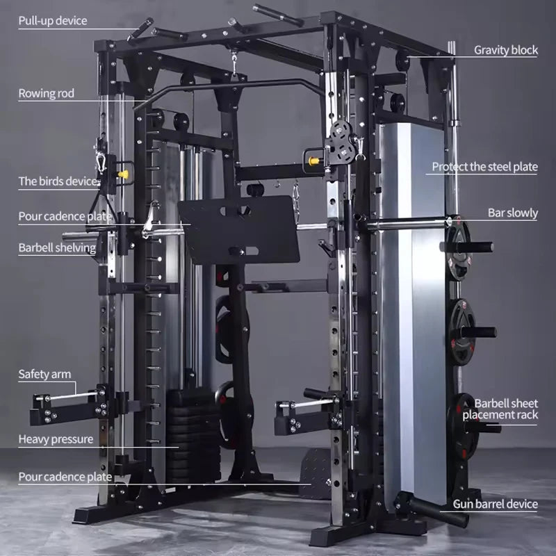 Smith machine Dispositivo de entrenamiento integral, marco de pórtico, estante de sentadillas, banco de empuje, equipo de Fitnes