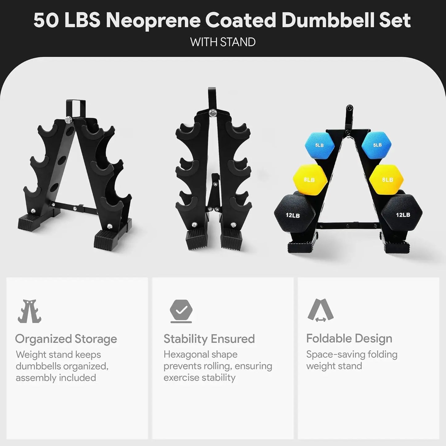 Hexagon Rubber Coated Dumbbell Set with Storage Rack, 100LB/150LB/200LB Options for Home Gym Workouts