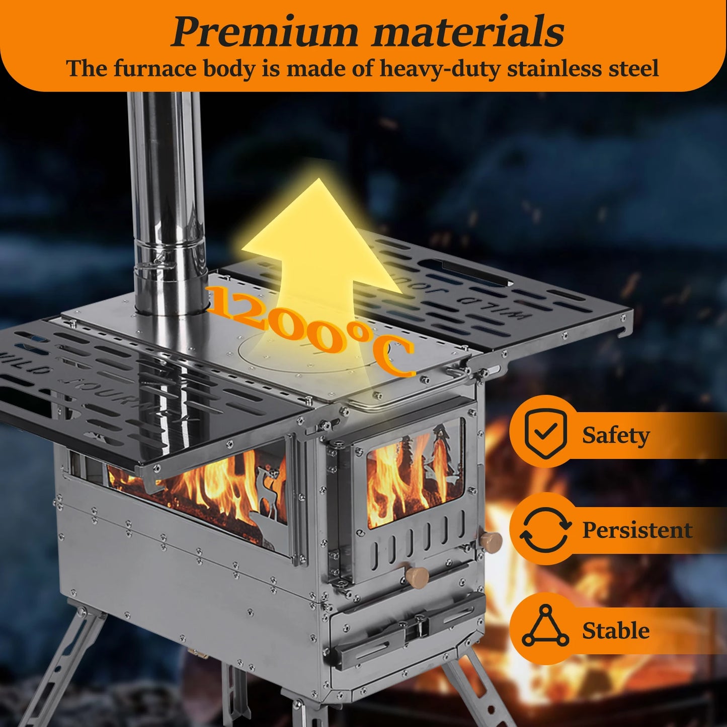 Hot Tent Stove with Oven & Camping Table with Chimney Pipe Outdoor Firewood Stove Stainless Steel for Heating Cooking Hunting