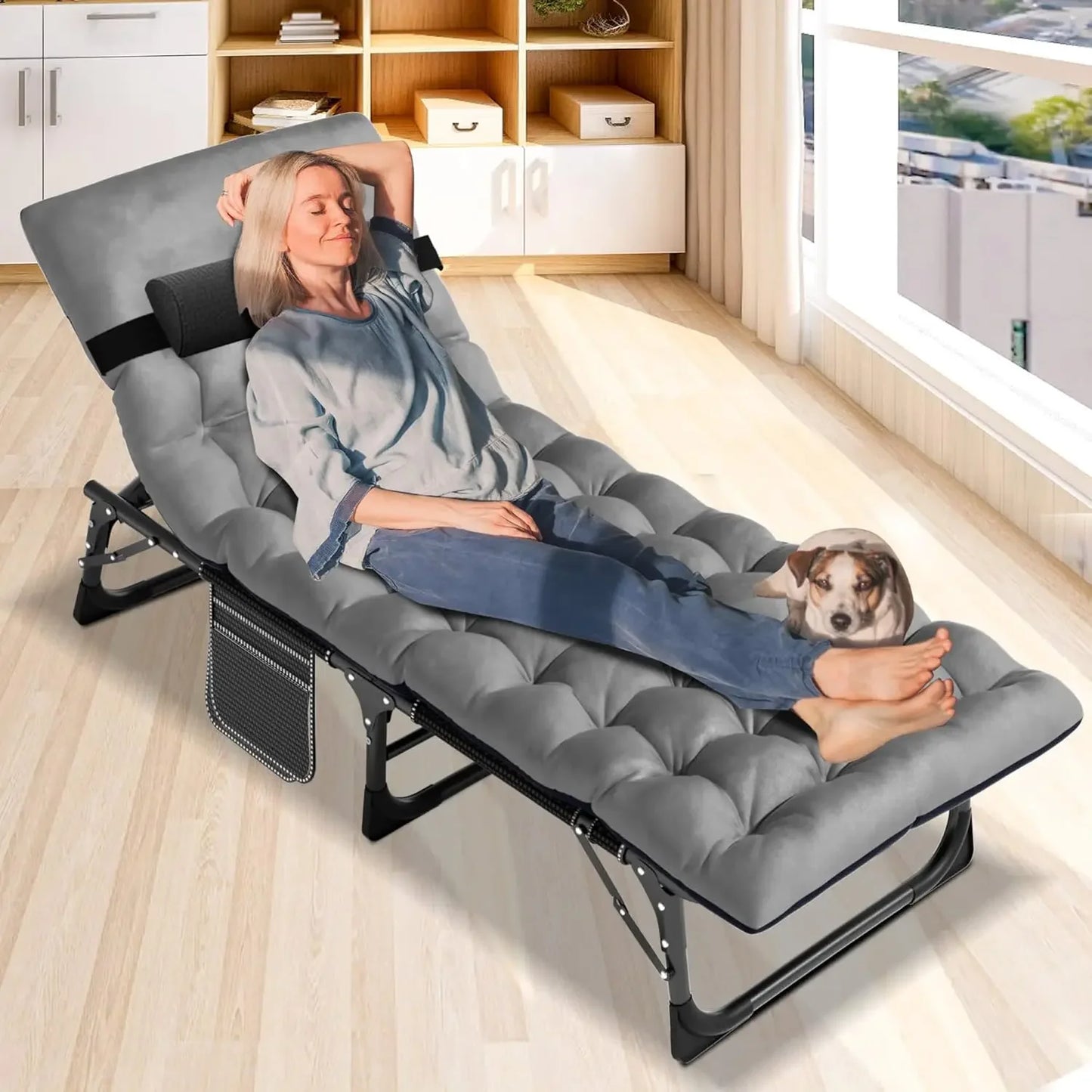 Outdoor Folding Chaise Lounge Chair with Mattress, 5 Position Adjustable Patio Reclining, Customized
