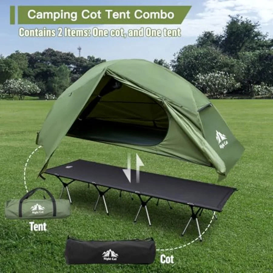 Camping Cot Tent with Sleeping Pad and Sleeping Bag Waterproof 1-Person Off-Ground Combo Cot Bed for Adults Portable Easy Set-u