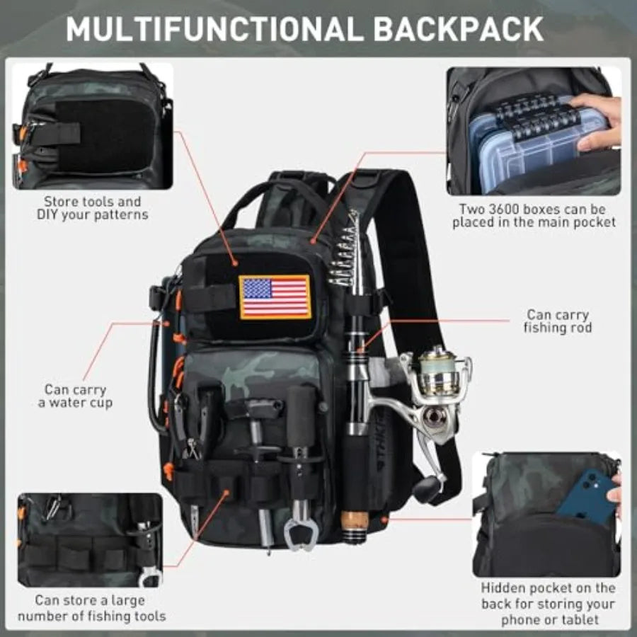 Fishing Backpack with Rod Holder for Men Women Water-Resistant Black Camo Fishing Tool Kit with Lures Tackle Box and Pl