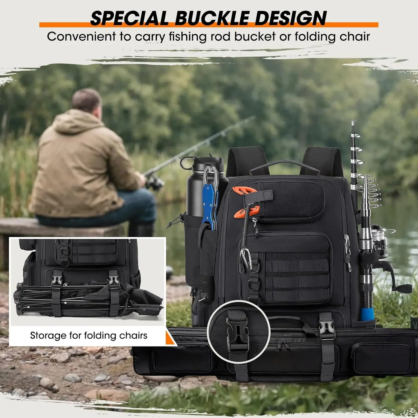 Waterproof Fishing Backpack with Rod Holders & Cooler, 40L Tackle Storage for Gear and Rain Cover