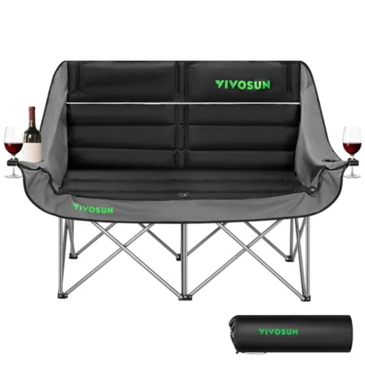 Double Camping Chair Fully Padded Folding Loveseat with Cup Wine Glass Holders Oversized Duo Chair in Black Comfortable Portabl