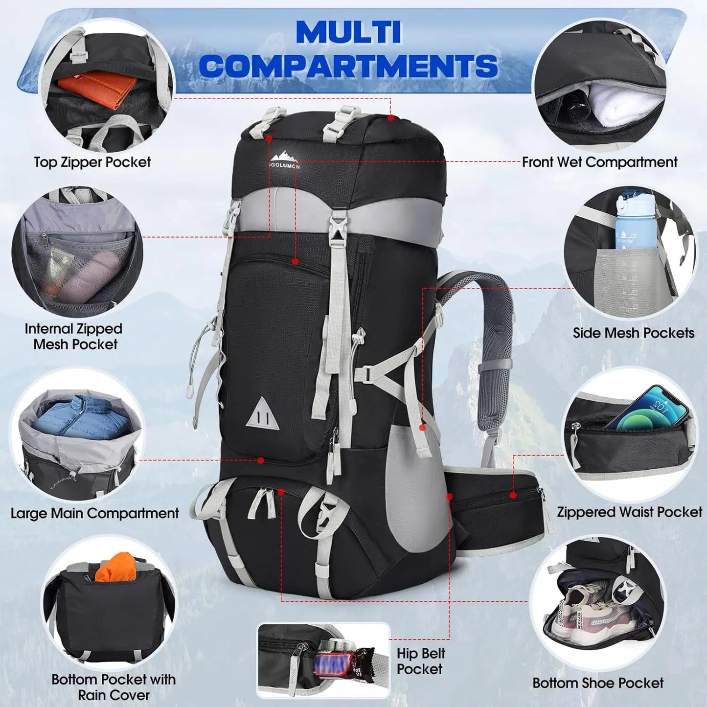 60L Waterproof Hiking Backpack with Rain Cover, Lightweight Camping Backpack for Men and Women
