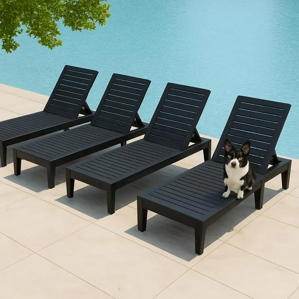 Set of 4 Outdoor Chaise Lounge Chairs 5-Position Adjustable Tanning Chair Wood Texture All-Weather Patio Lounger, Customized