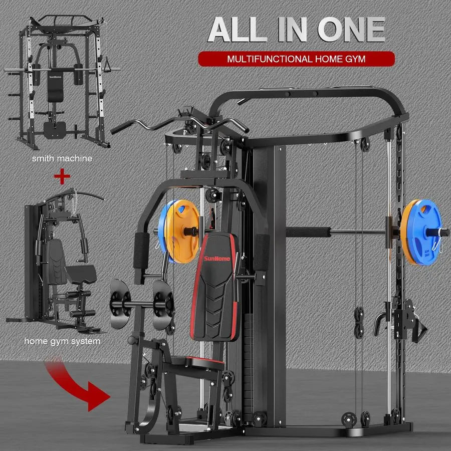 Multifunction Home Gym System Workout Station,Smith Machine with 138LB Weight Stack, Leg Press, LAT Station for Full Body Train