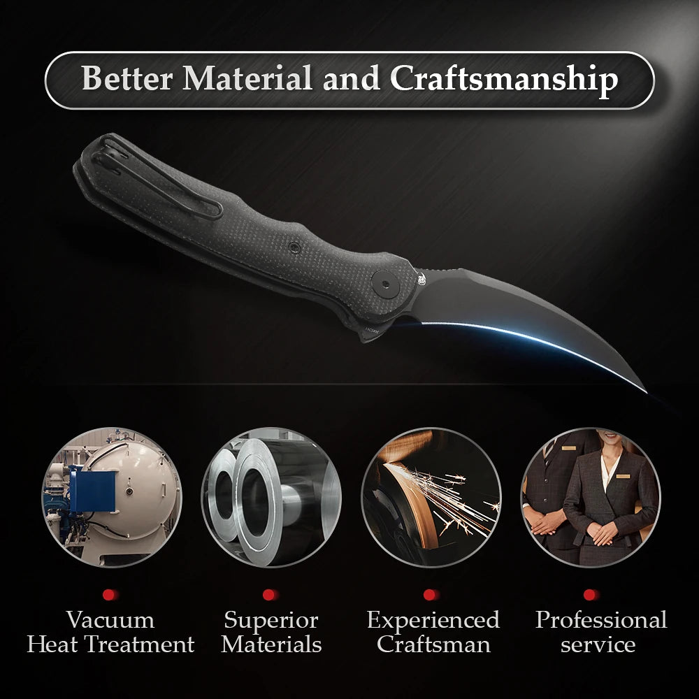 TRIVISA EDC Pocket Folding Knife for Men ,Pikal Flipper Knife with Clip，3.34" 14C28N Steel Hawkbill Blade & Micarta Handle
