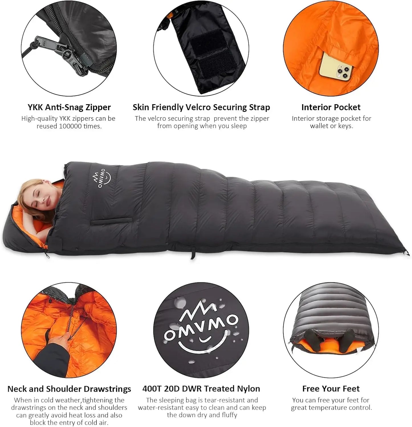 4 Season Ultralight Down Sleeping Bag for Adults with Arm Holes, Wearable for Backpacking Camping