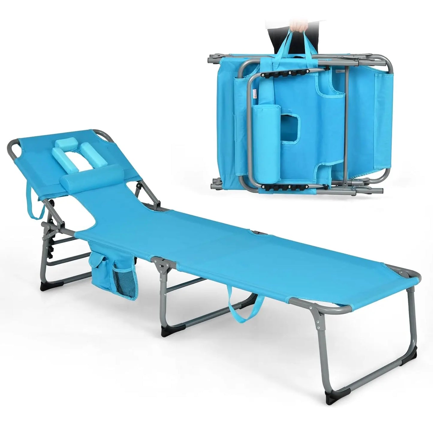 Tanning Chair, Folding Adjustable Patio Lounge Chair with Face Hole, Removable Pillow, Carry Strap, Customized