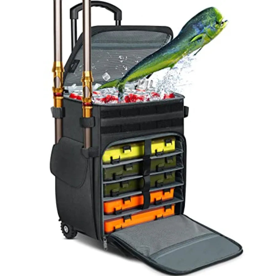 Rolling Tackle Box with Cooler Large Fishing Bag with Wheels for 5 Trays Saltwater Resistant Tackle Backpack with Rod Ho