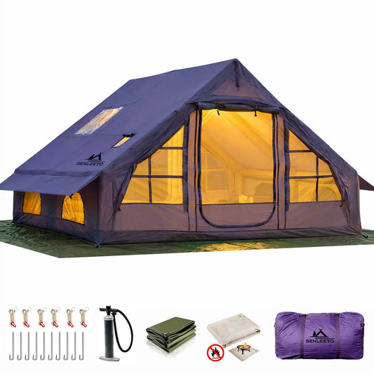 129 Square Feet Purple Inflatable Tent 6-8 Person for Camping,4 Season Easy Setup Waterproof Oxford Air Tent House with Tarp