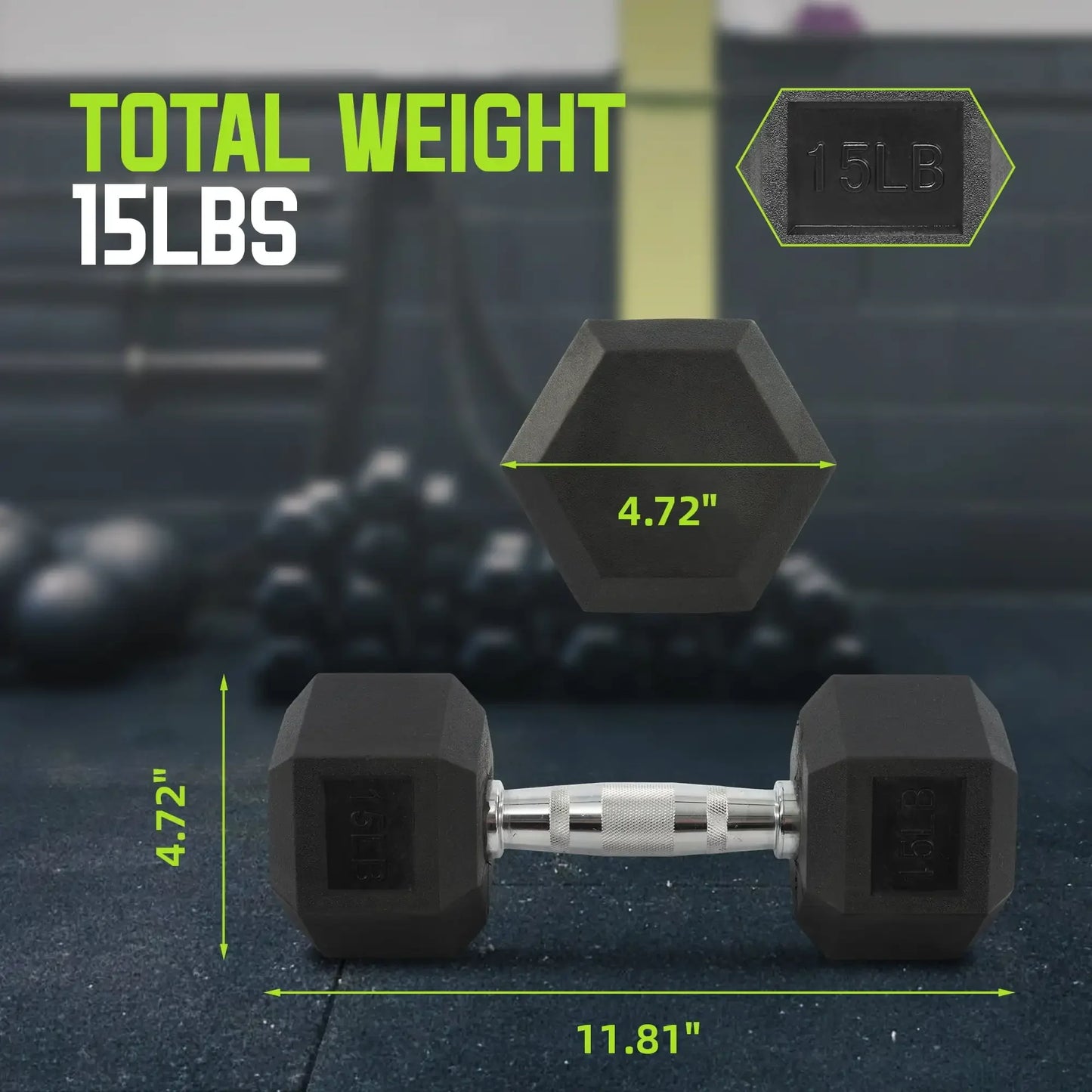Rubber Encased Hex Dumbbells, 15 lbs Pair, Black,Knurled chrome handles