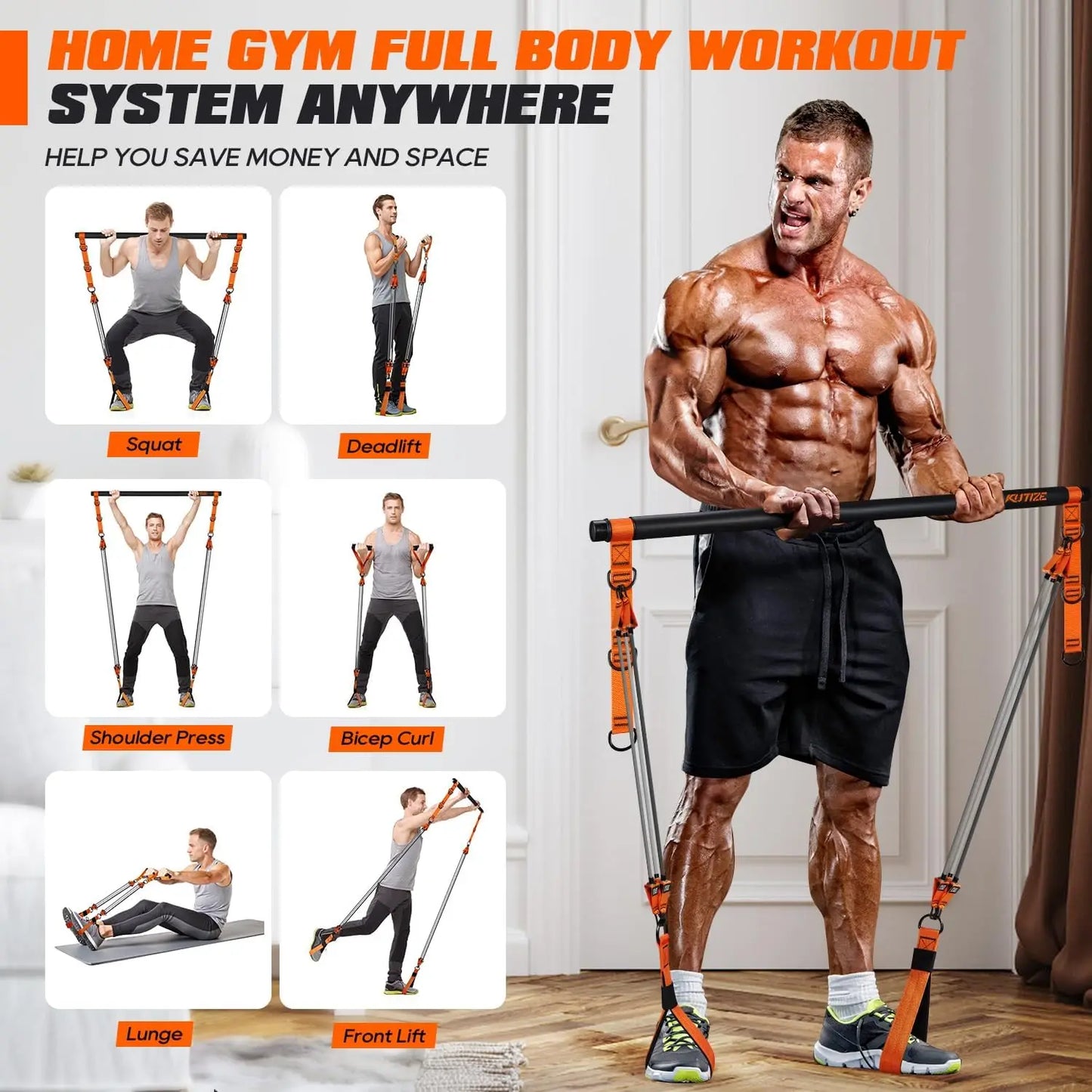 Heavy Duty Pilates Bar Kit with Resistance Bands, Portable Home Gym Equipment for Full Body Workout