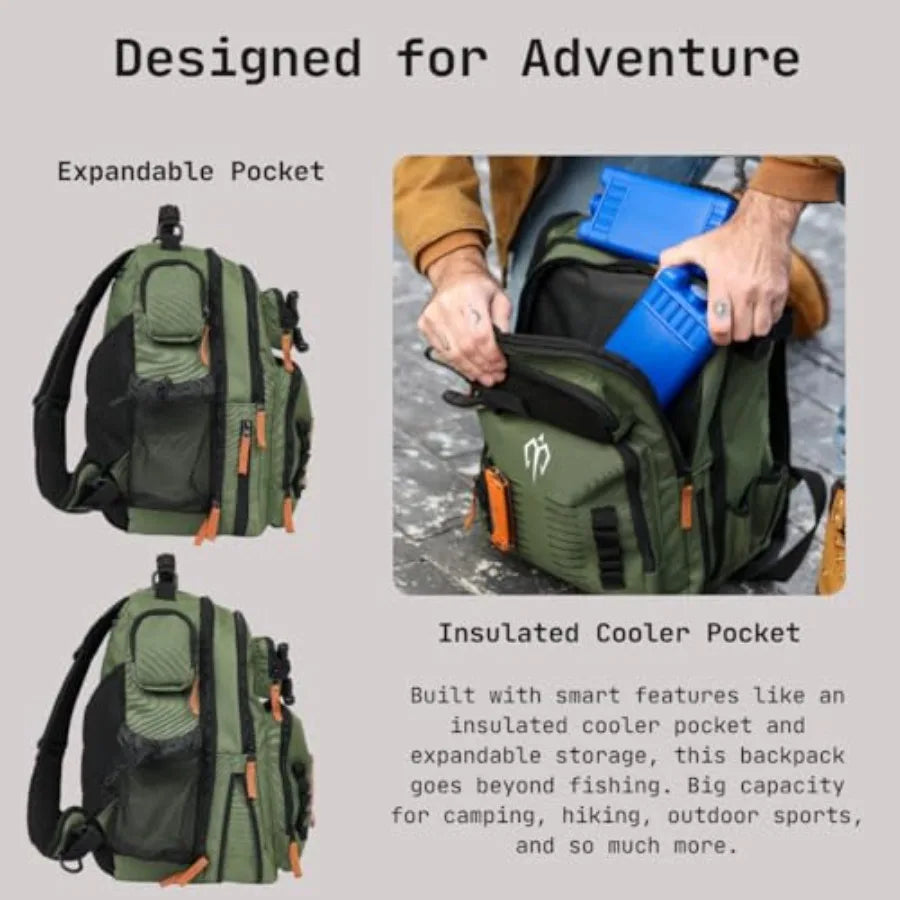 Fishing Tackle Backpack with Rod Holder 2 Tackle Boxes35L Tackle Storage Bag Insulated Cooler Backpack Hydration Bladder Hiking