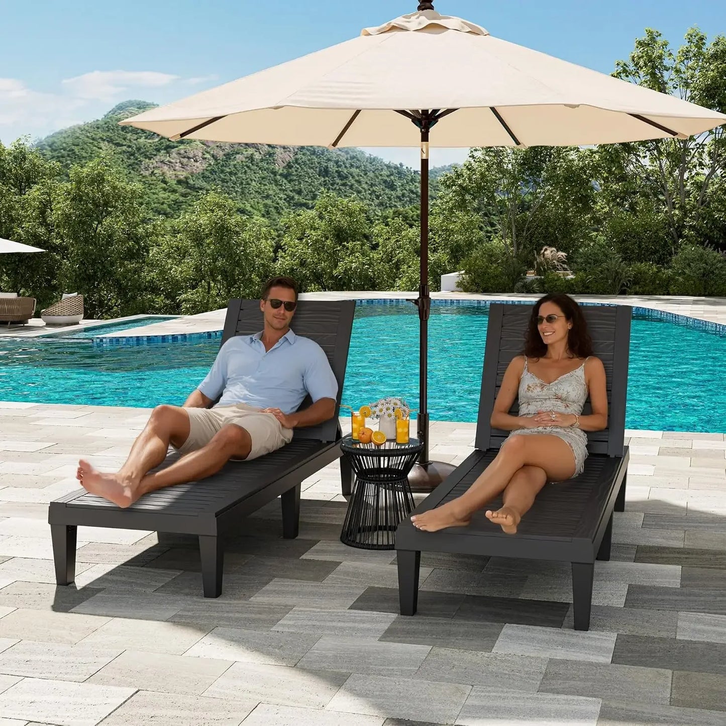 Set of 4 Outdoor Chaise Lounge Chairs 5-Position Adjustable Tanning Chair Wood Texture All-Weather Patio Lounger, Customized
