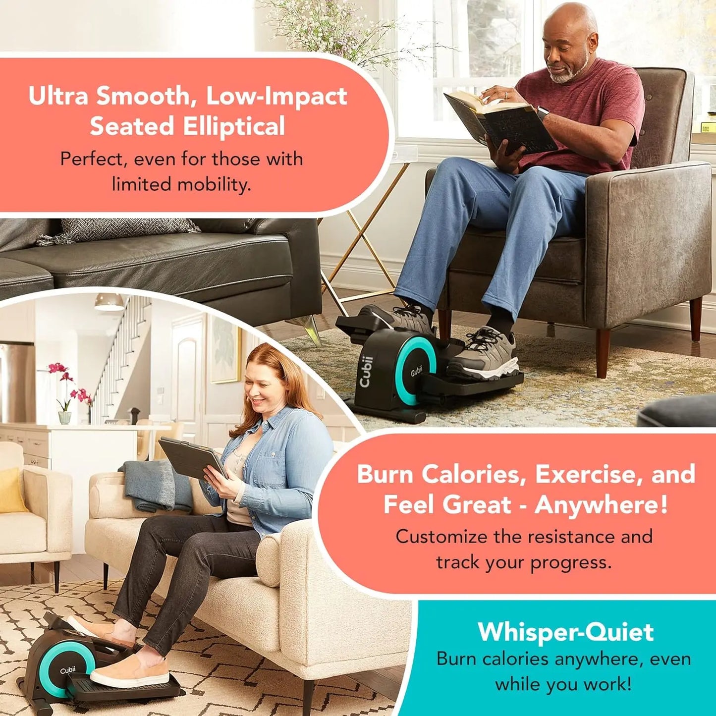 Under Desk Elliptical Pedal Exerciser for Home Office Fitness, Seated Mini Machine for Seniors