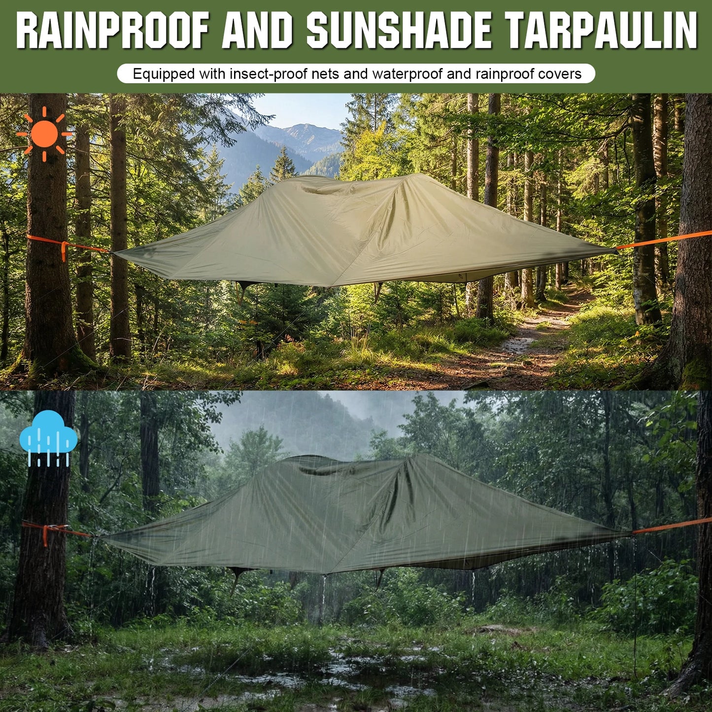 3 Point Hammock Tent for 2-Person W/Mosquito Net & RainFly Lay Flat Hammock 660 LBS Load Capacity for Outdoor Backpacking Hiking